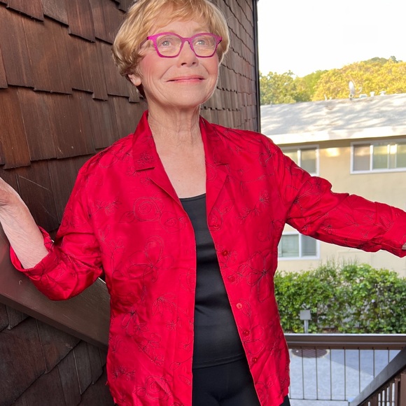 Carole Little red embroidered lined button down blouse, large - Picture 1 of 15